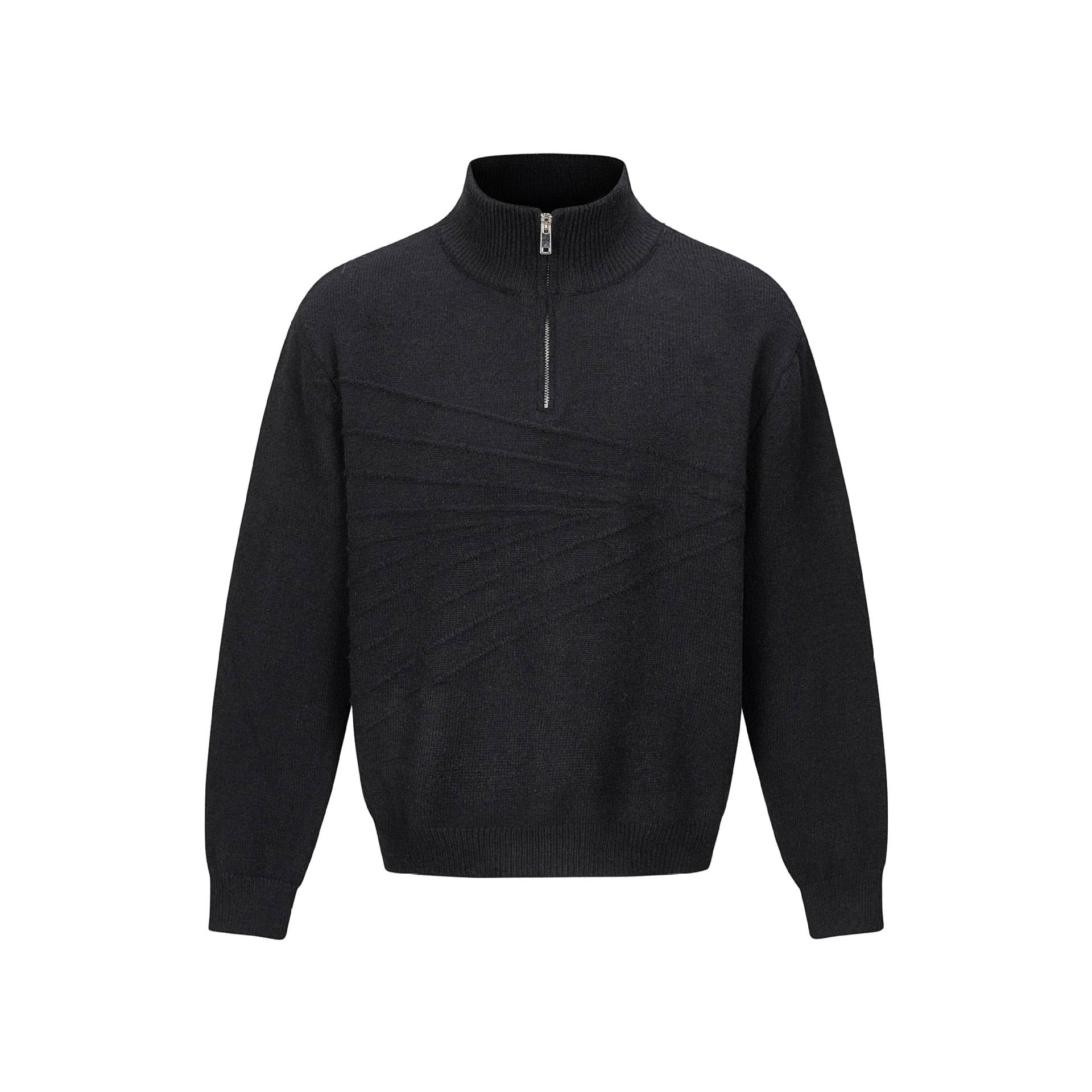 Distressed Jacquard Knit Loose Half-Zip High Neck Sweater Men
