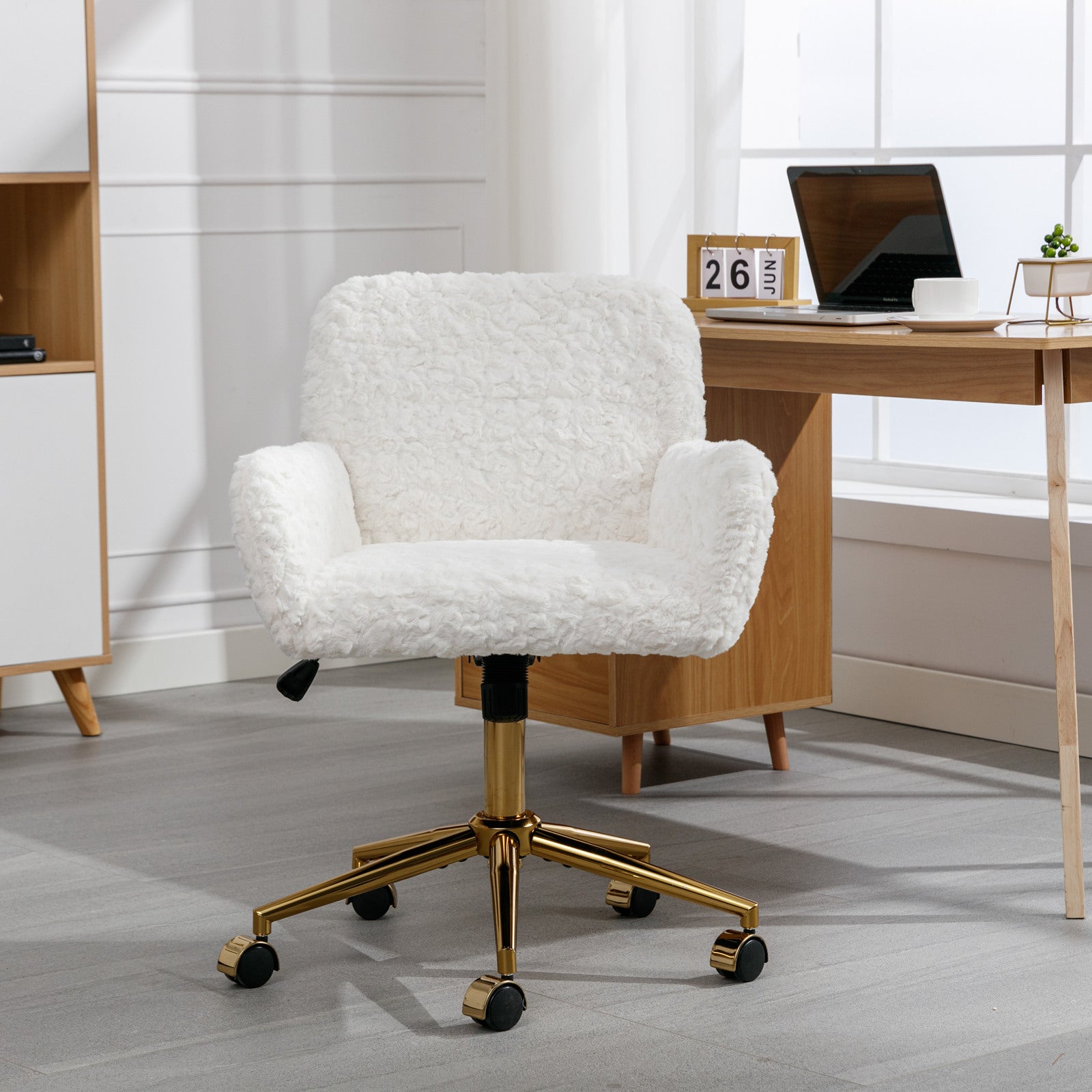 Artificial rabbit hair gold metal base home office chair adjustable chair rotating office chair, dressing chair (beige)