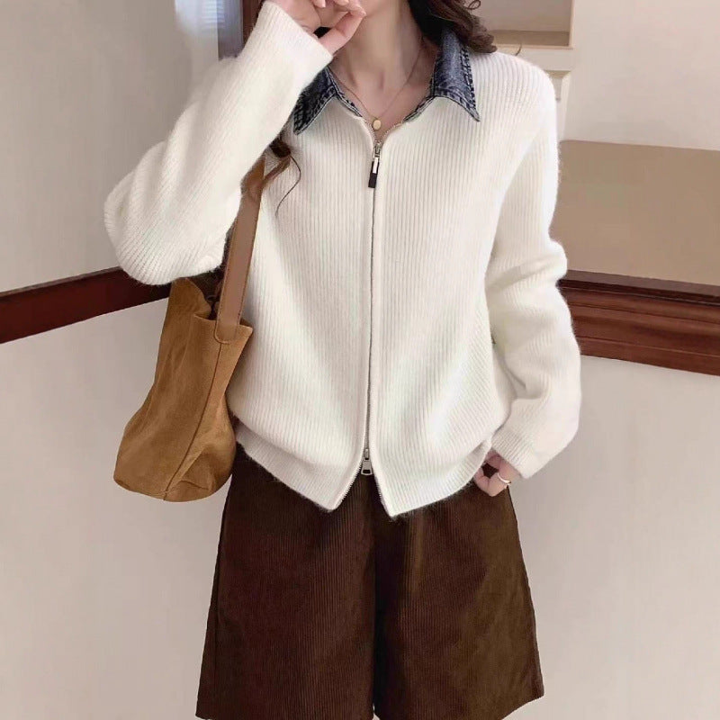 Vintage Patchwork Denim Lapel Knit Cardigan for Women