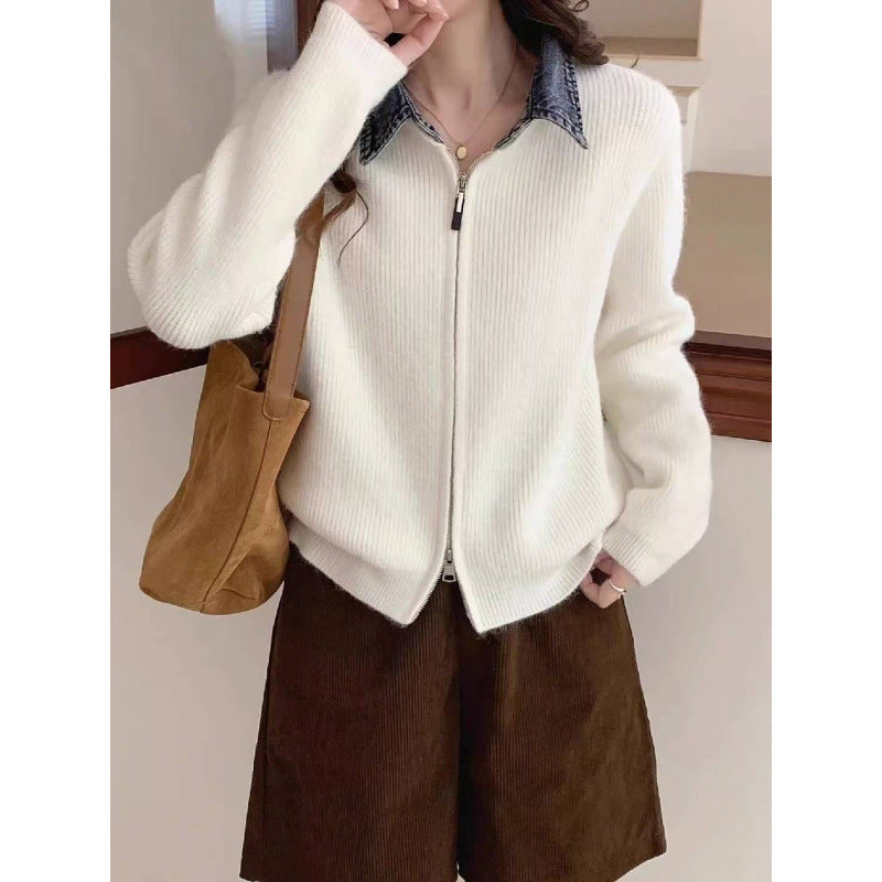 Vintage Patchwork Denim Lapel Knit Cardigan for Women