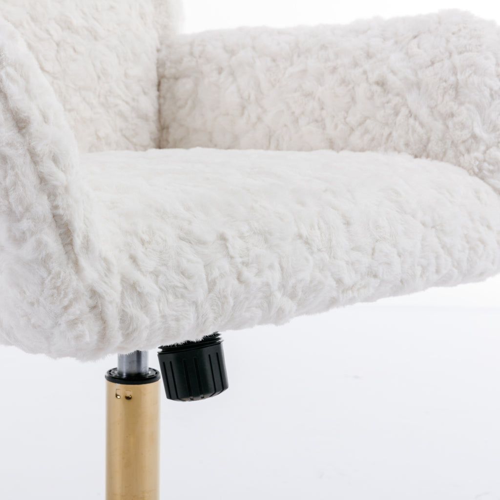 Artificial rabbit hair gold metal base home office chair adjustable chair rotating office chair, dressing chair (beige)
