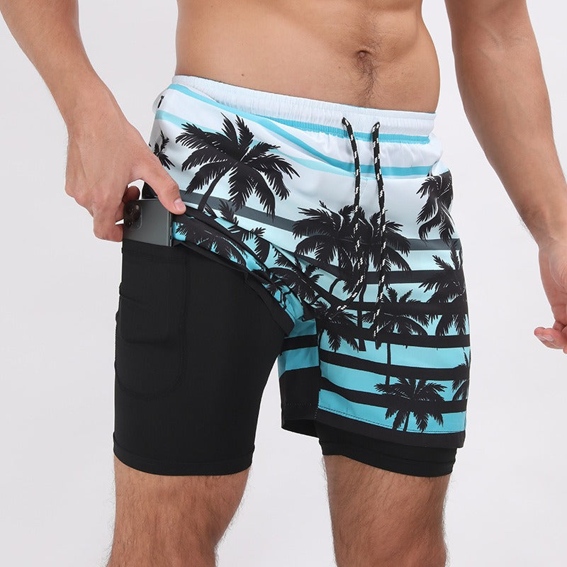 New Mens Casual Beach Sports Shorts Printed Double Layer Shorts Mens Anti glare Plus Size