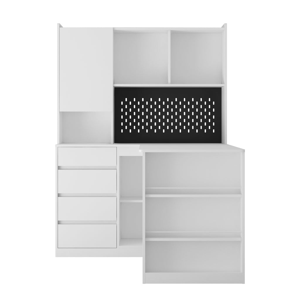 L-shaped office desk with charger, bookshelf with drawers and LED lights, and corner gaming computer desk with storage space