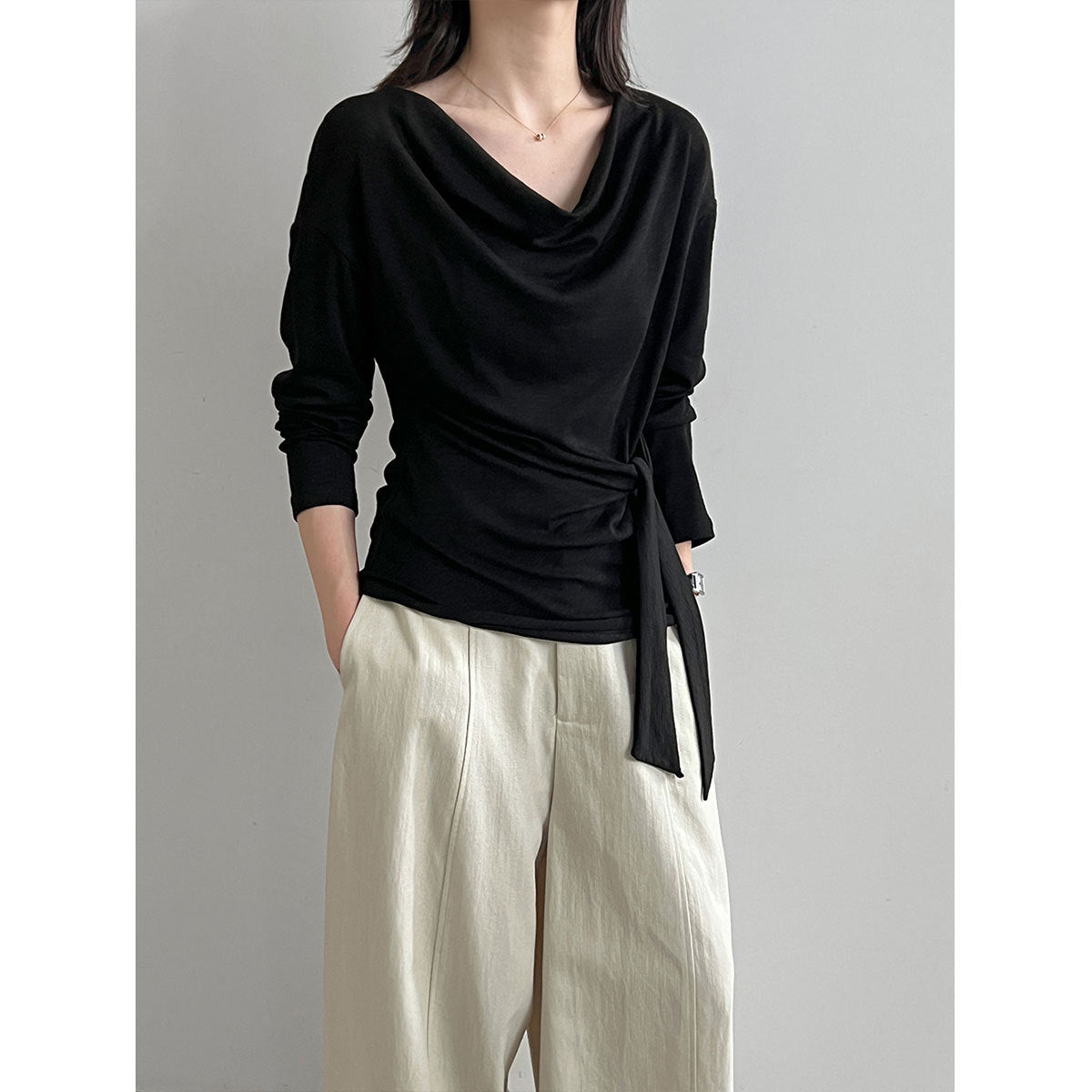 V-Neck Side Tie Waist Long Sleeve T-Shirt for Women  Unique Design Top
