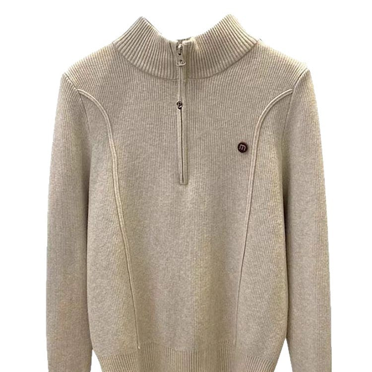 Half high neck zipper top with soft and sticky knit sweater