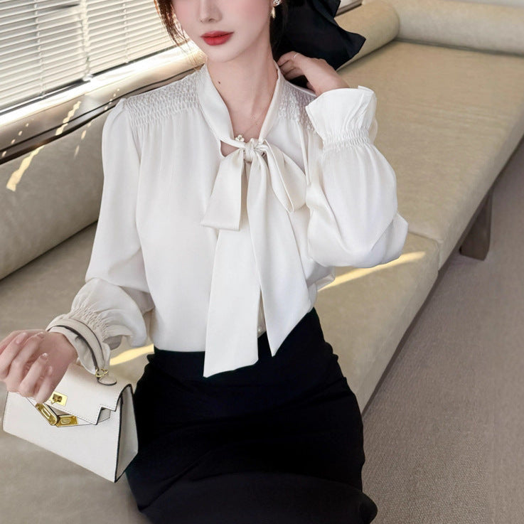 Style Elegant Bow Ribbon Office Blouse Satin Chiffon Top