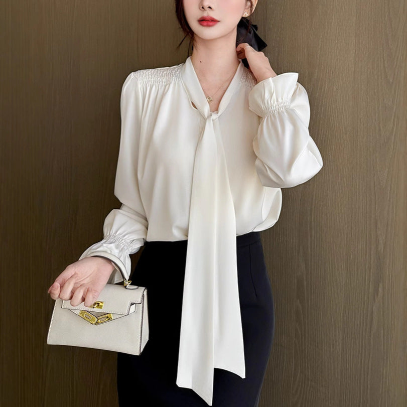Style Elegant Bow Ribbon Office Blouse Satin Chiffon Top