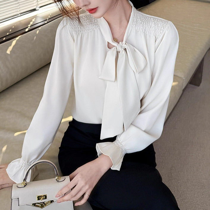 Style Elegant Bow Ribbon Office Blouse Satin Chiffon Top