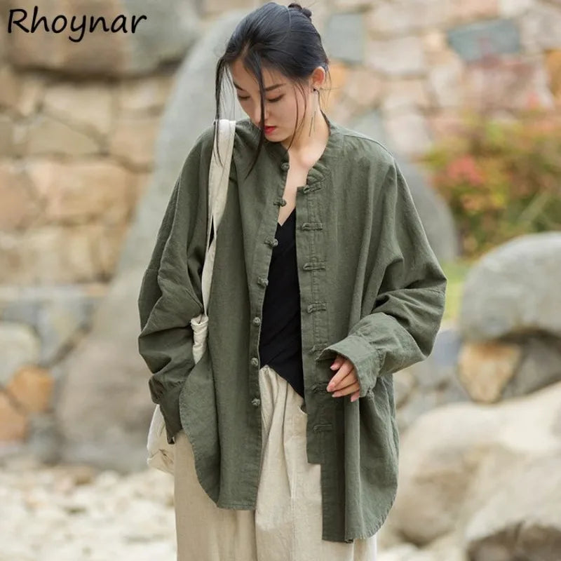 Vintage Shirt Women New Chinese Style Frog Solid Simple Leisure Loose Comfortable Single Breasted O-neck Minimalist Autumn Wear