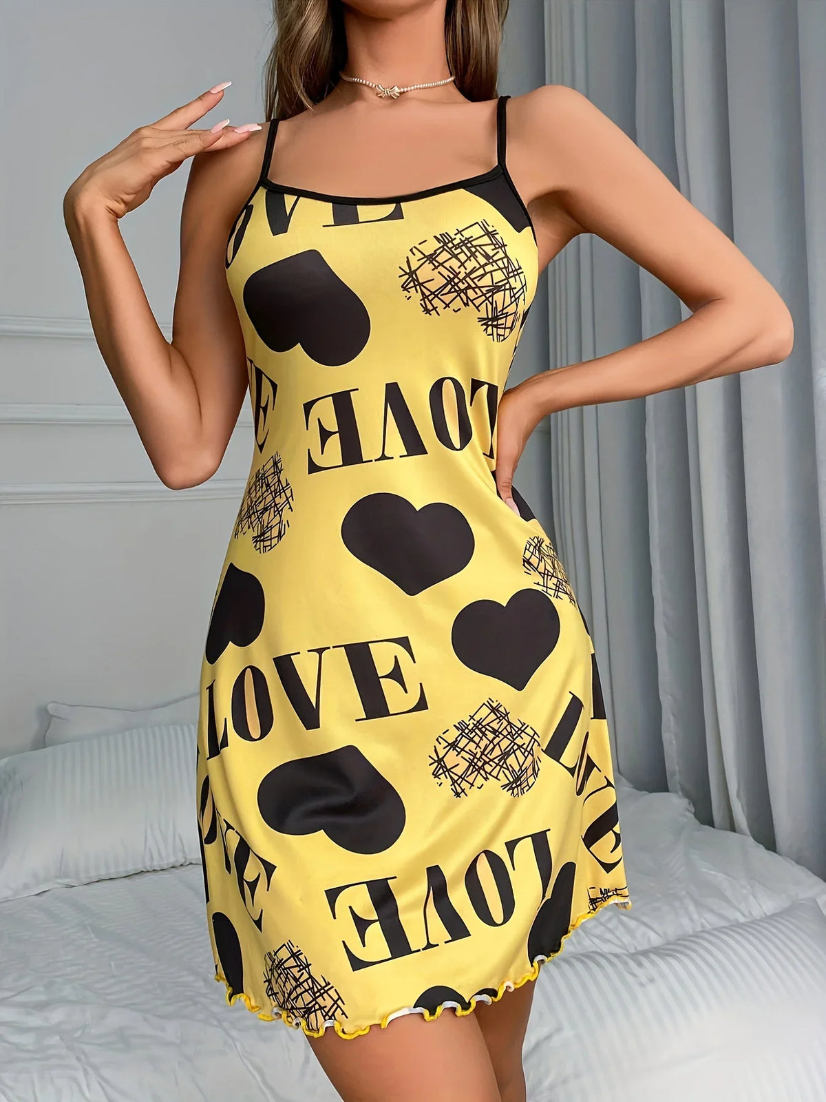 Love Heart Print Satin Sleepwear Dress for Women Sexy Spaghetti Strap Nightgown Soft Summer Loungewear Pajama Dress