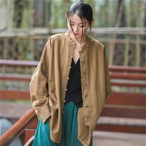 Vintage Shirt Women New Chinese Style Frog Solid Simple Leisure Loose Comfortable Single Breasted O-neck Minimalist Autumn Wear