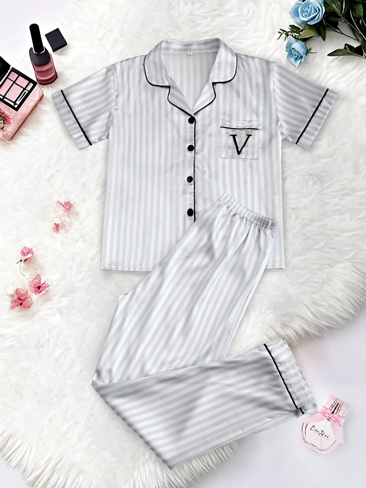 Classic Striped Print And Pocket Letter Short-Sleeve Long Pants Pajama Set, Satin Sleepwear with Lapel Collar and Button Detail