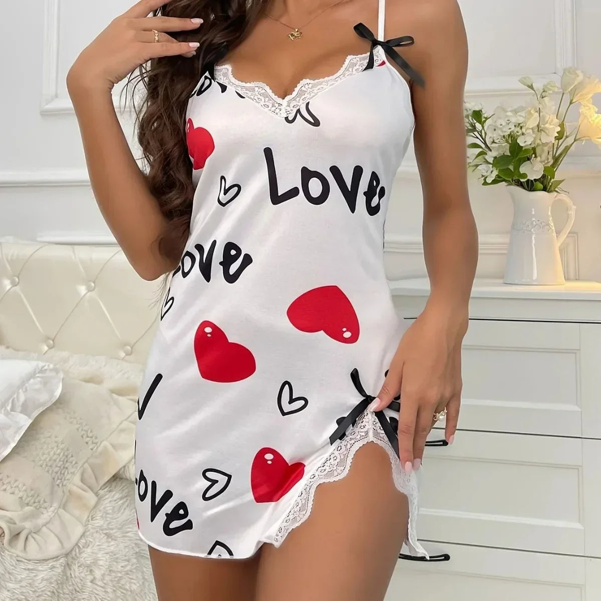 Summer Sleepwear Women Nightgown Sexy Lingerie Love Printed Halter Backless Mini Dress Casual Pajamas Sleepshirts Nighties