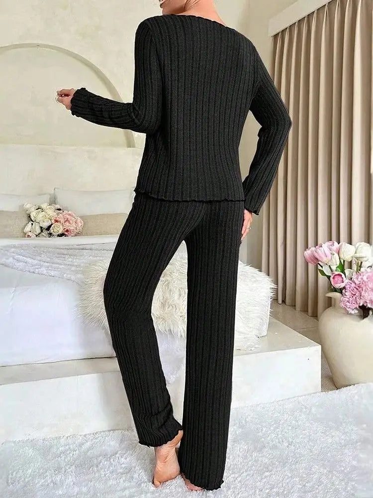 Autumn Winter Warm Flannel Pajamas Set Women Sleepwear Long Sleeve T-shirt Top and Trousers Casual Homewear Loungewear