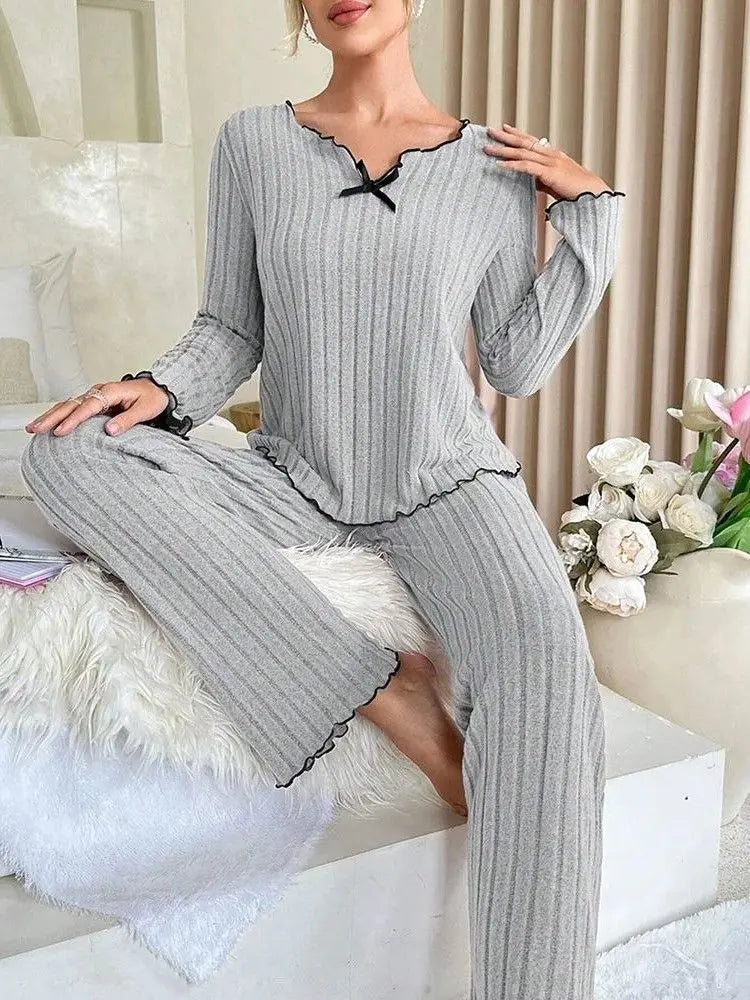 Autumn Winter Warm Flannel Pajamas Set Women Sleepwear Long Sleeve T-shirt Top and Trousers Casual Homewear Loungewear