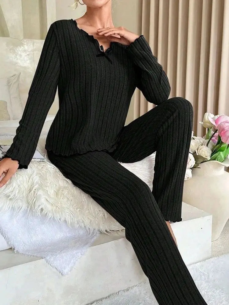 Autumn Winter Warm Flannel Pajamas Set Women Sleepwear Long Sleeve T-shirt Top and Trousers Casual Homewear Loungewear