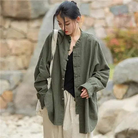 Vintage Shirt Women New Chinese Style Frog Solid Simple Leisure Loose Comfortable Single Breasted O-neck Minimalist Autumn Wear