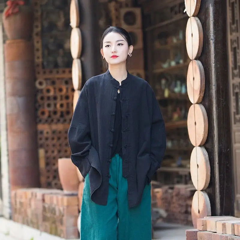 Vintage Shirt Women New Chinese Style Frog Solid Simple Leisure Loose Comfortable Single Breasted O-neck Minimalist Autumn Wear