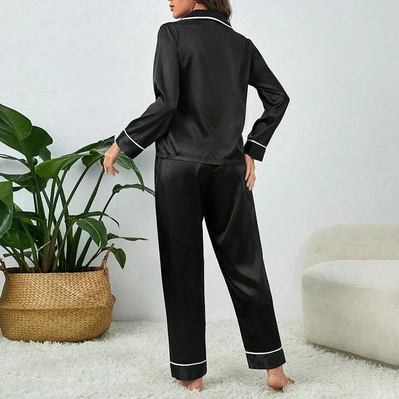 Spring Autumn Silk Pajamas Set for Women Casual Soft Nightwear Long Shirt Tops and Long Pants Cardigan Sleepwear Homewear