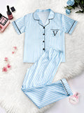 Classic Striped Print And Pocket Letter Short-Sleeve Long Pants Pajama Set, Satin Sleepwear with Lapel Collar and Button Detail