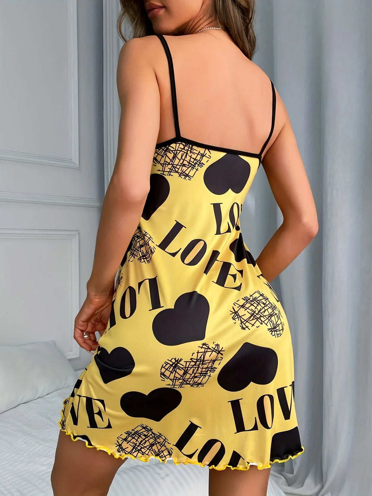 Love Heart Print Satin Sleepwear Dress for Women Sexy Spaghetti Strap Nightgown Soft Summer Loungewear Pajama Dress