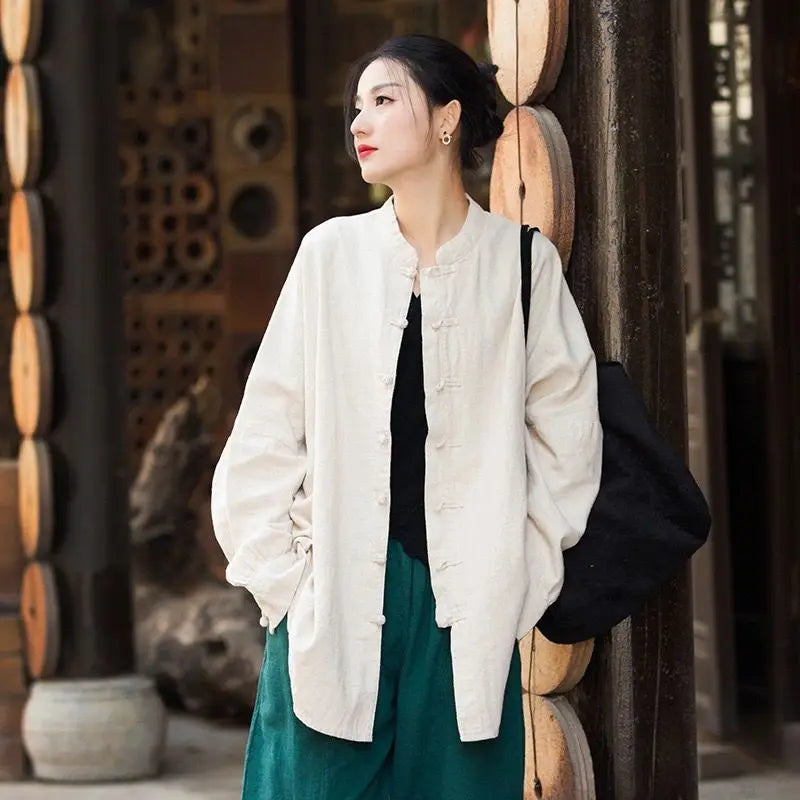 Vintage Shirt Women New Chinese Style Frog Solid Simple Leisure Loose Comfortable Single Breasted O-neck Minimalist Autumn Wear