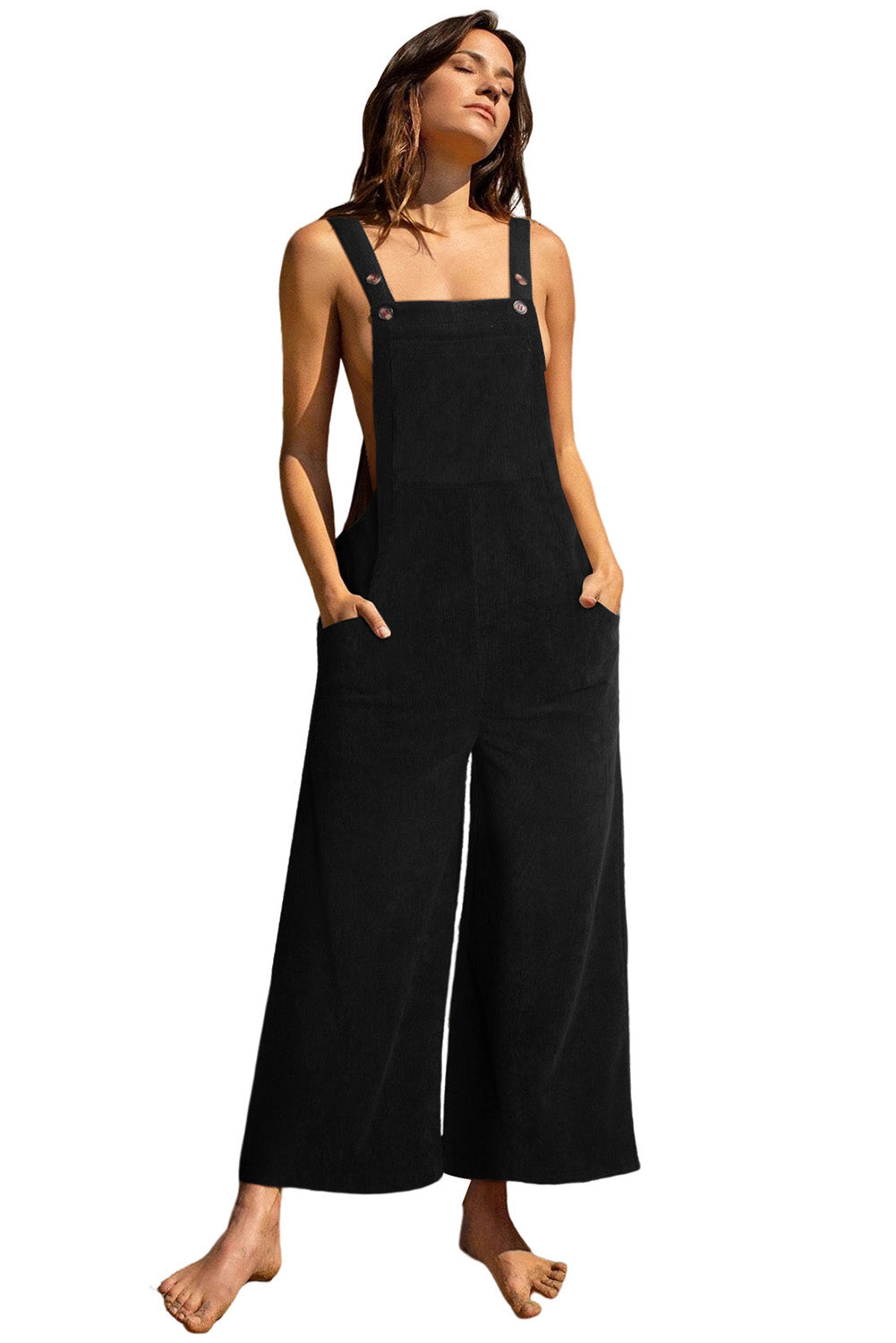 Fiery Red Solid Color Corduroy Wide Leg Bib Overalls