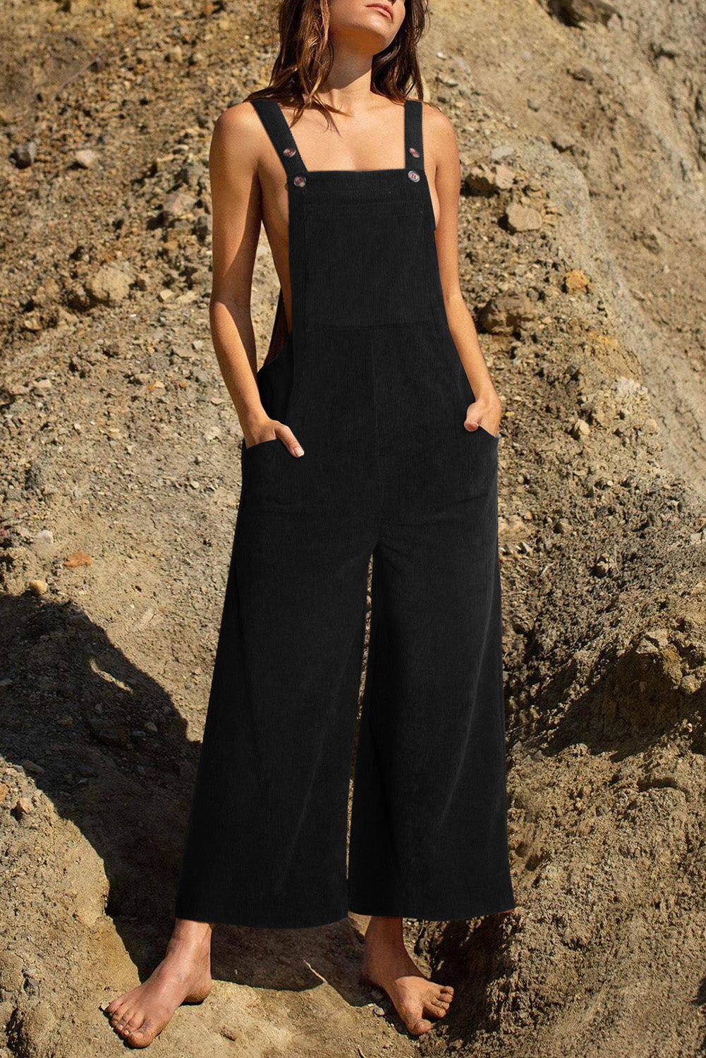Fiery Red Solid Color Corduroy Wide Leg Bib Overalls