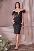 GLITTER PRINT COCKTAIL DRESS WITH FEATHER DETAILS CDJ829